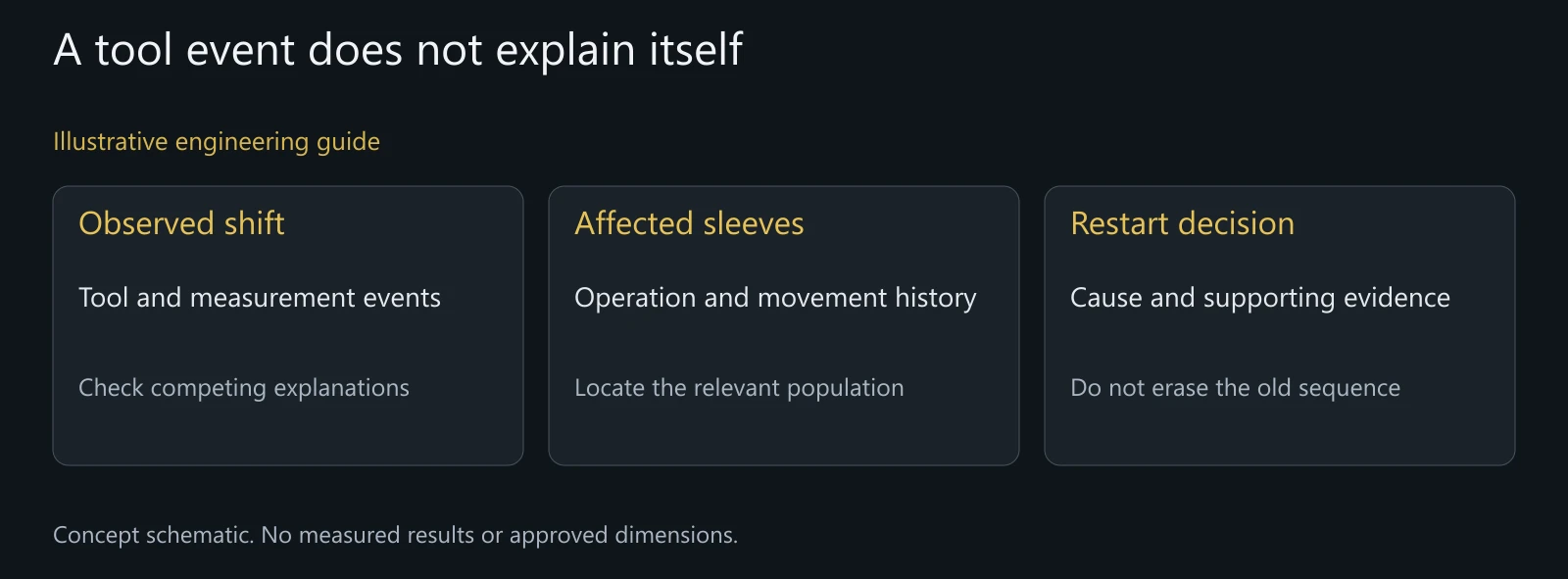 Illustrative sleeve-review map without measured values, actual corrective actions or an approved restart.