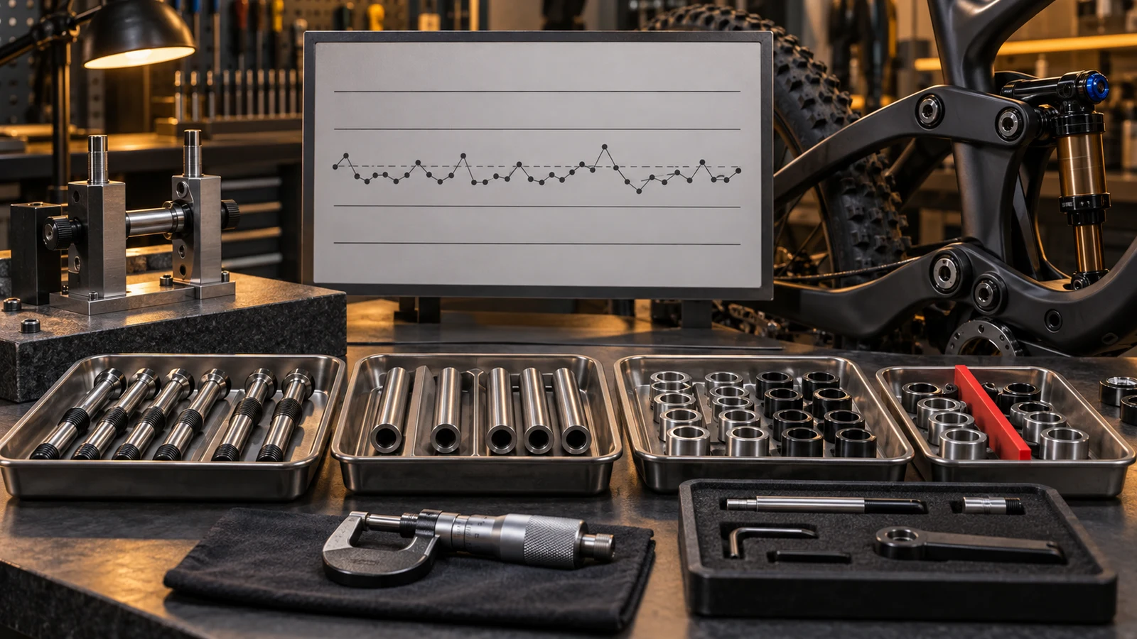 Concept trays of pivot bolts, hollow axles and sleeves beside a micrometer, fixture and unnumbered chart, with a bicycle linkage behind; not actual SPC data or a factory audit record.