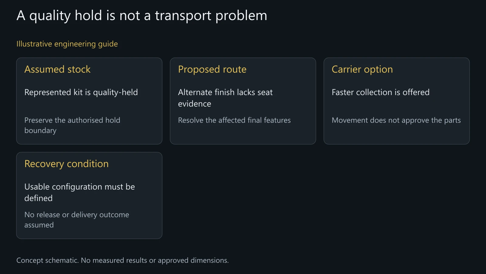 Illustrative engineering review of a held kit and proposed recovery choices. Not an actual defect investigation, customer incident or approved process change.