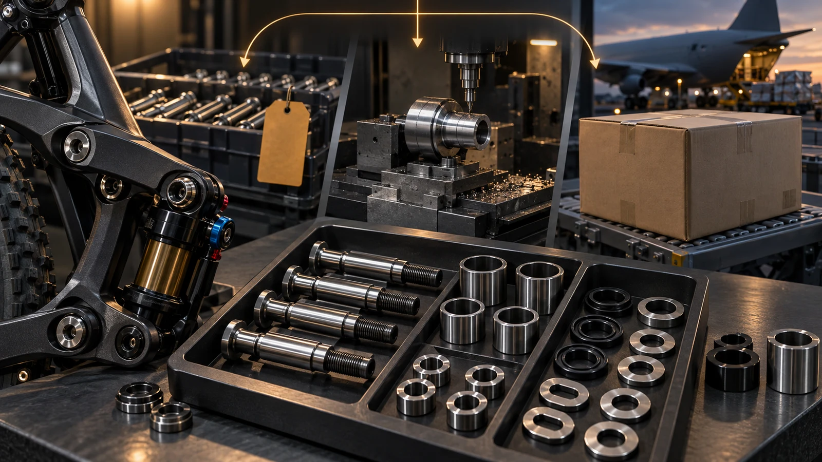 Concept pivot bolts, sleeves and washers beside a tagged stock tray, alternate machining fixture and neutral transit packaging with aircraft; not verified inventory, factory operations or an emergency shipment.