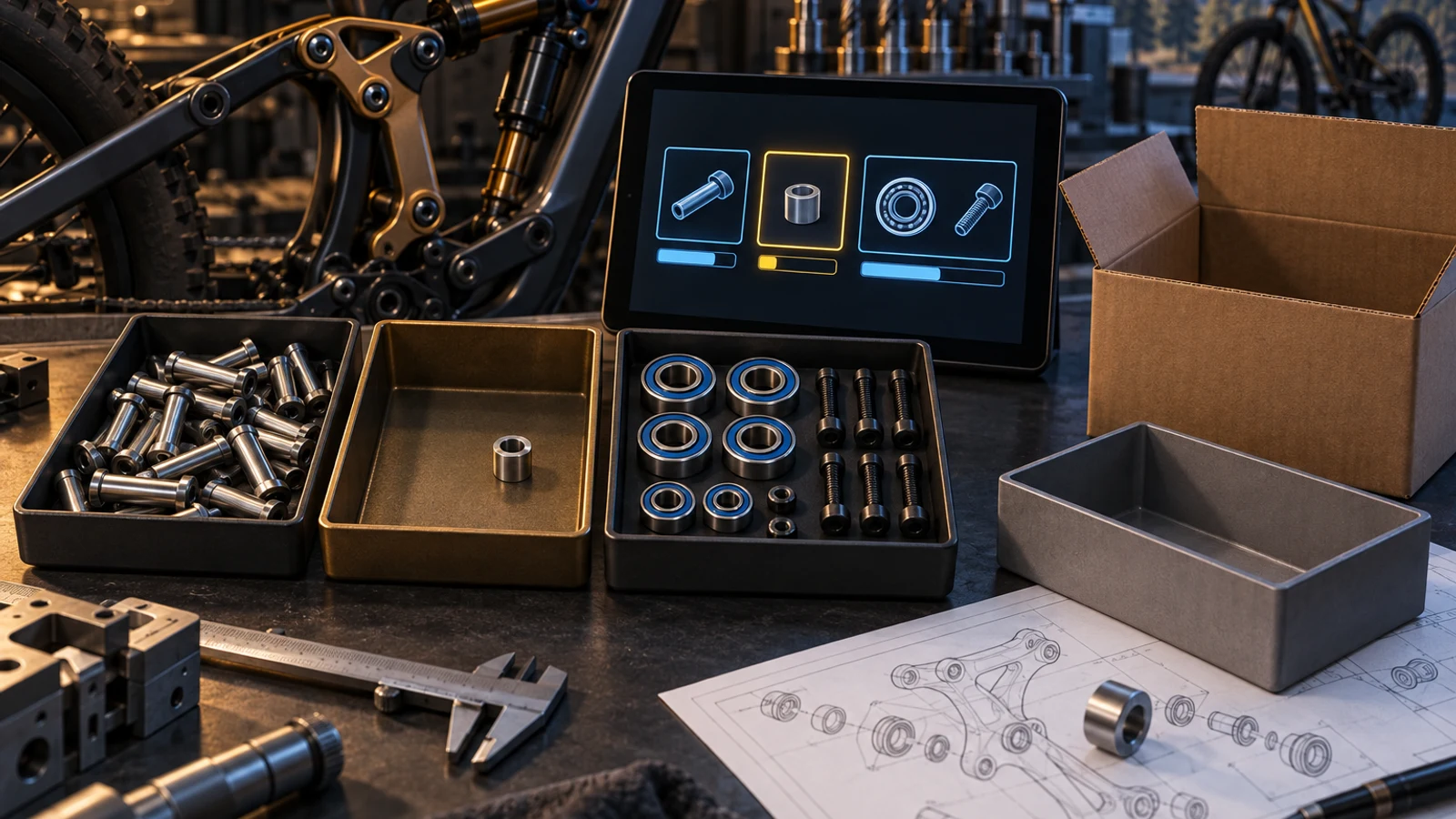 Concept stock-planning scene with a sparse spacer tray and separate available and inbound hardware; not actual inventory or a live replenishment system