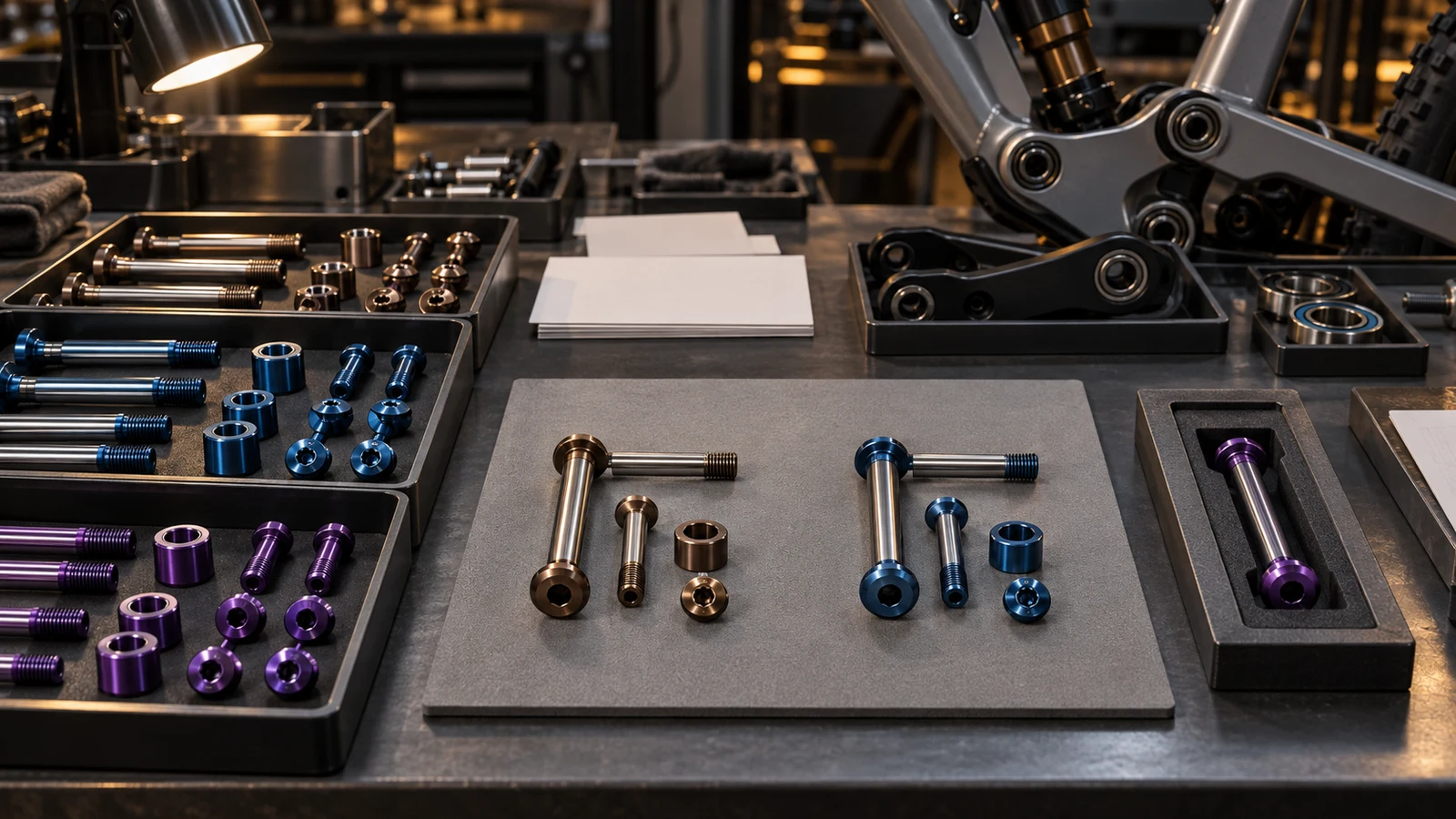 Concept illustration of separate colored pivot hardware batches, adjacent component pairs and a retained reference on a neutral comparison bench; no measured color difference or actual approved batch is shown.