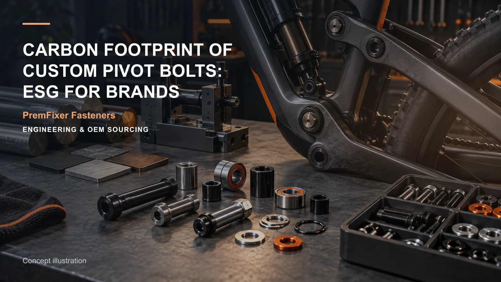 Editorial concept for pivot hardware carbon-footprint scope with cards for environmental comparison scope, material selection record, comparable quantity-price model.