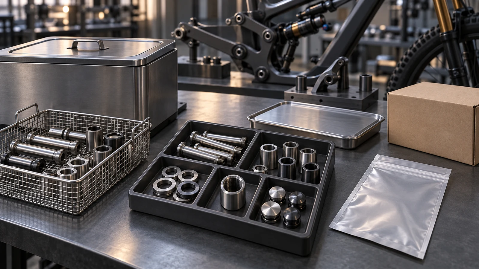 Concept shoulder bolts, hollow receivers and spacers in divided trays beside a closed cleaning vessel, basket and protective packaging; not a factory photograph or verified cleanliness result