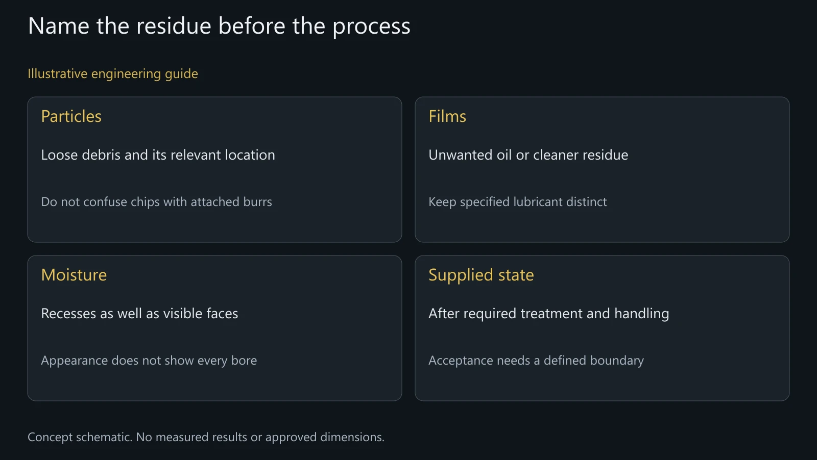 Concept residue map for manufacturing review, not particle analysis, cleanliness certification or an observed defect.