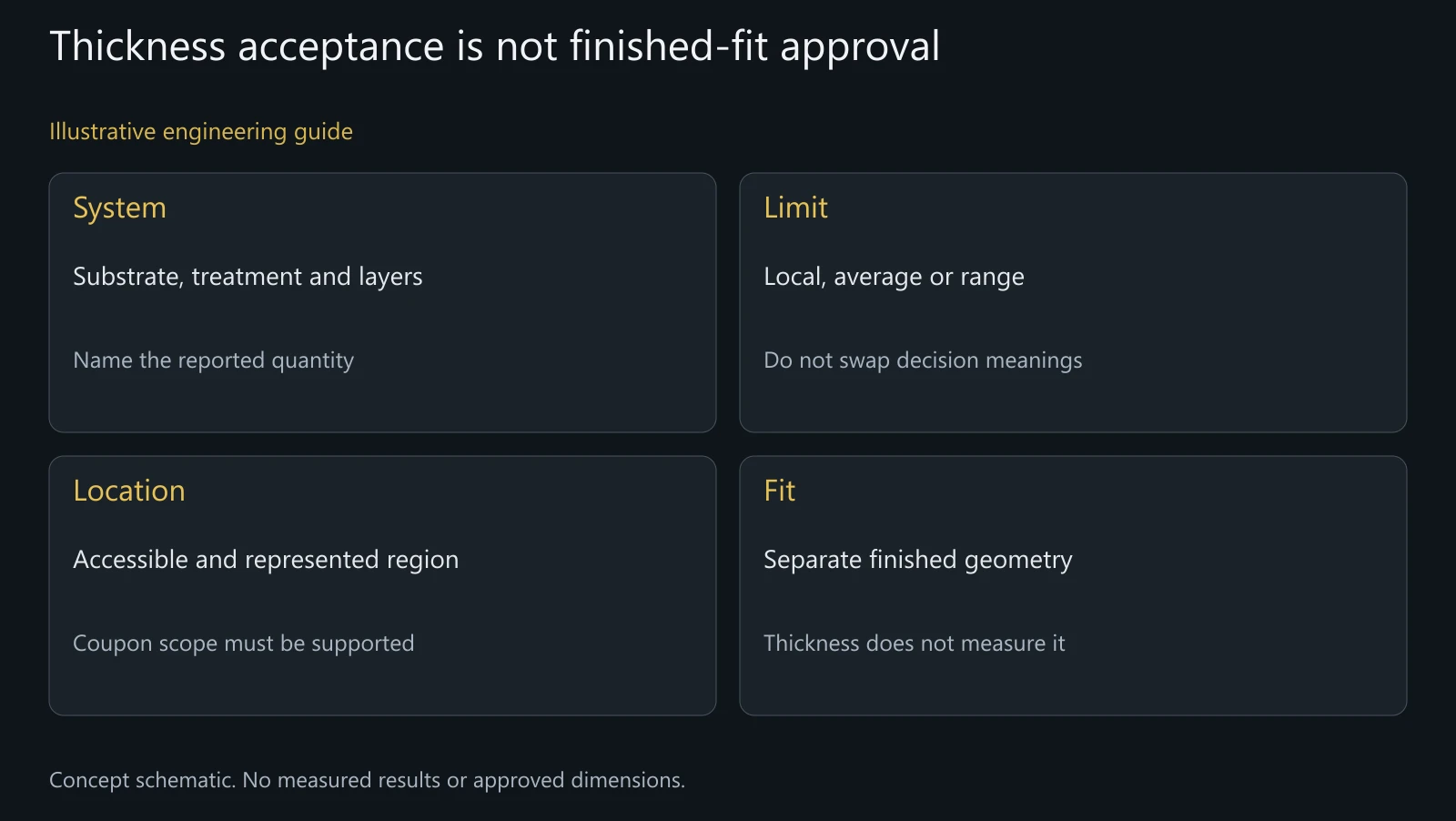 Concept coating-acceptance map without actual film thickness, geometry or inspection results.