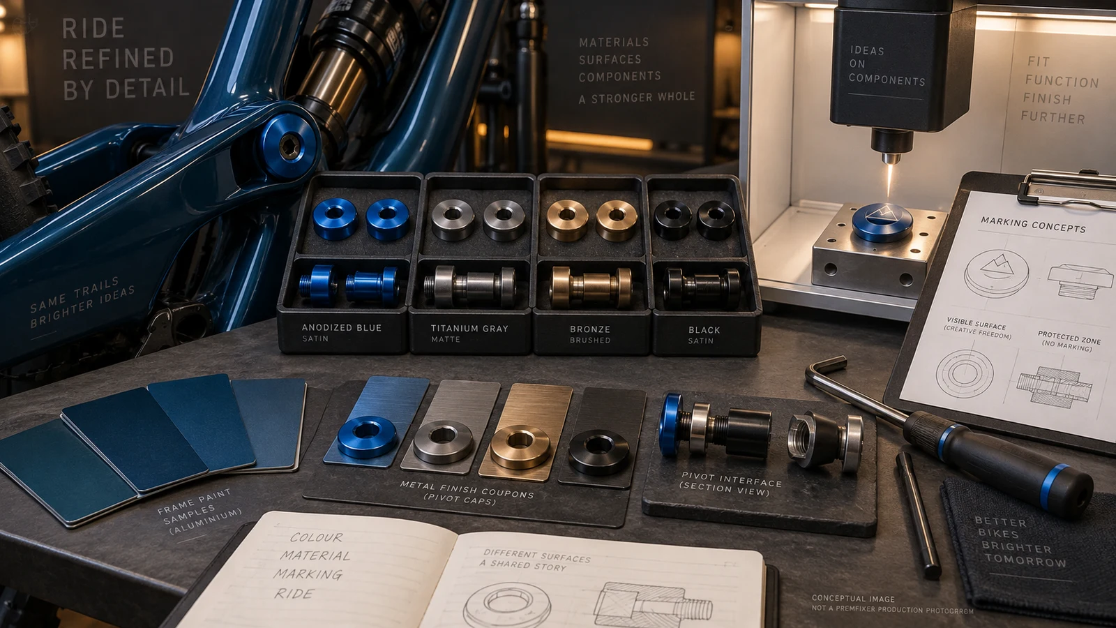 Concept blue frame, paint chips, metal finish coupons and pivot samples beside a marking station and zone sketches; not measured matching results or a factory photograph.