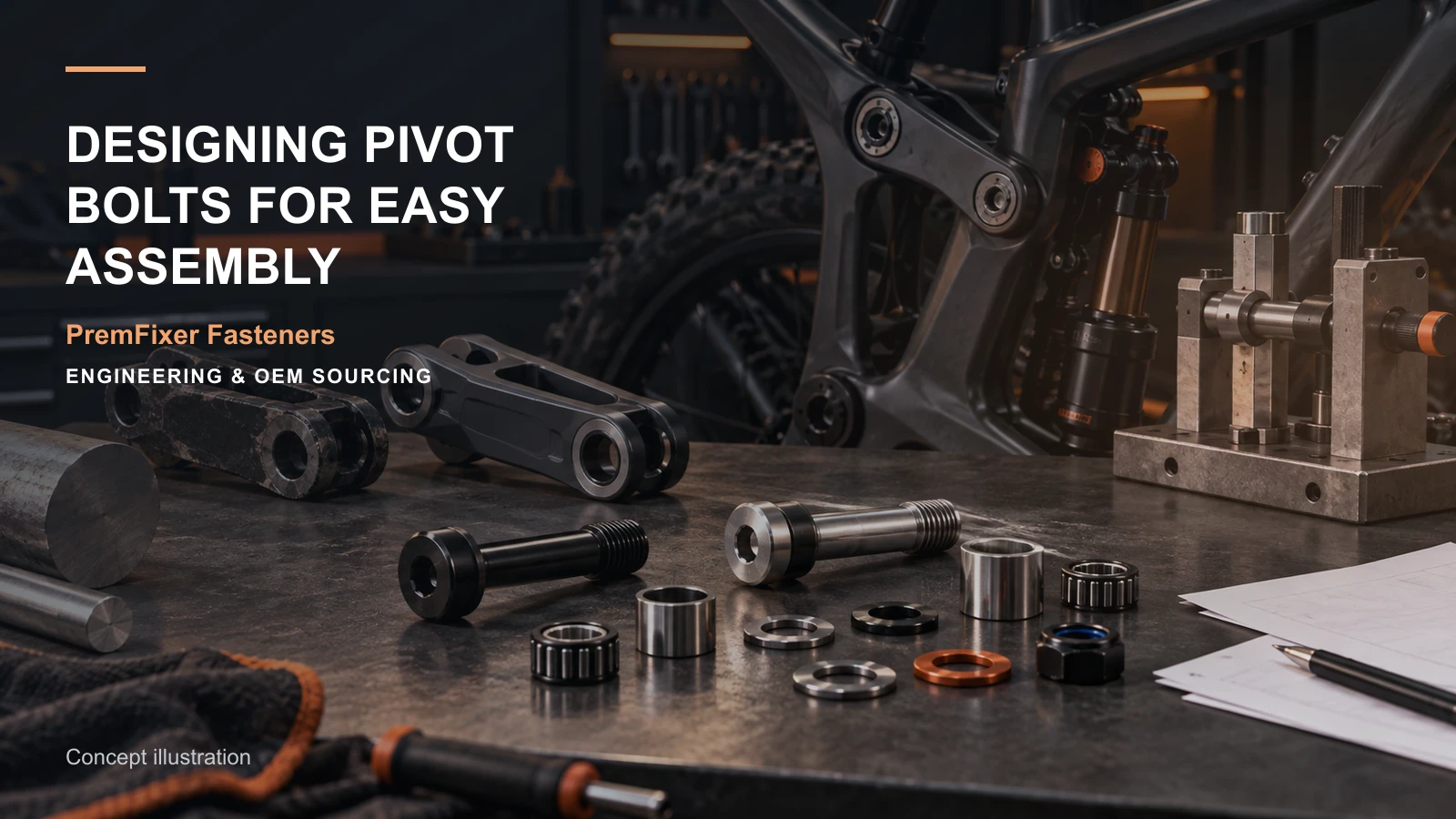Editorial concept for pivot hardware designed for assembly with cards for lead-in requirement sketch, fit-selection worksheet, variant identification map.