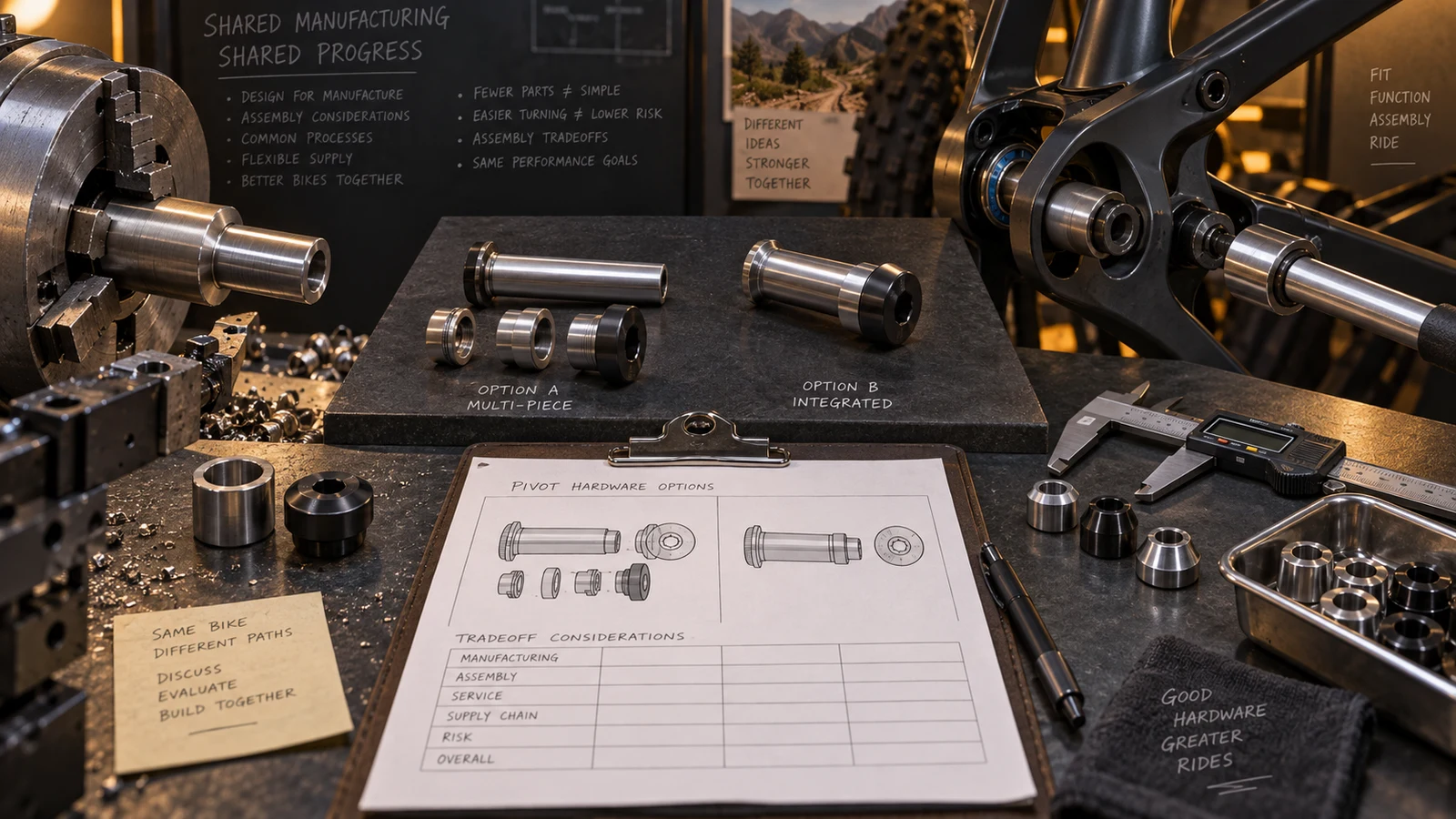 Concept lathe-held blank, separate and integrated pivot pieces, frame interface and tradeoff sheet; no approved redesign or cost saving is shown.