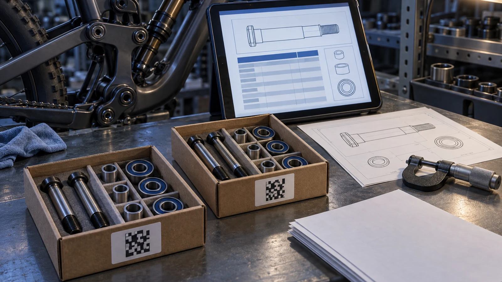 Illustrative receiving scene with separate pivot-hardware trays and a conceptual digital report, not a real certificate or completed inspection