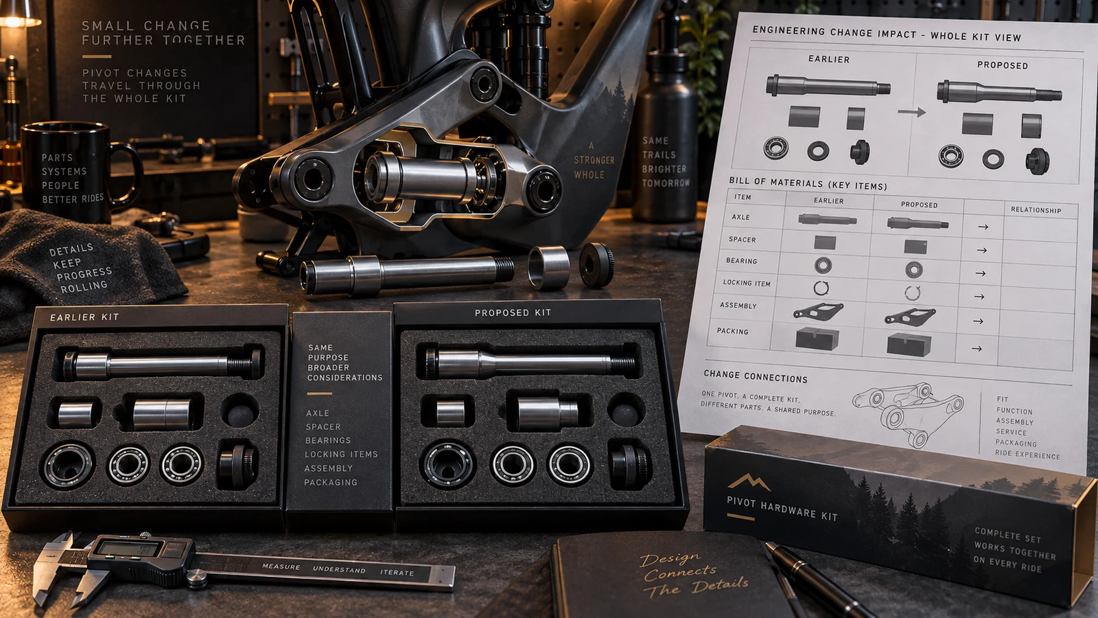 Concept earlier and proposed pivot components beside a frame interface, change-impact sheet, kit box and caliper; not an actual approved change notice.