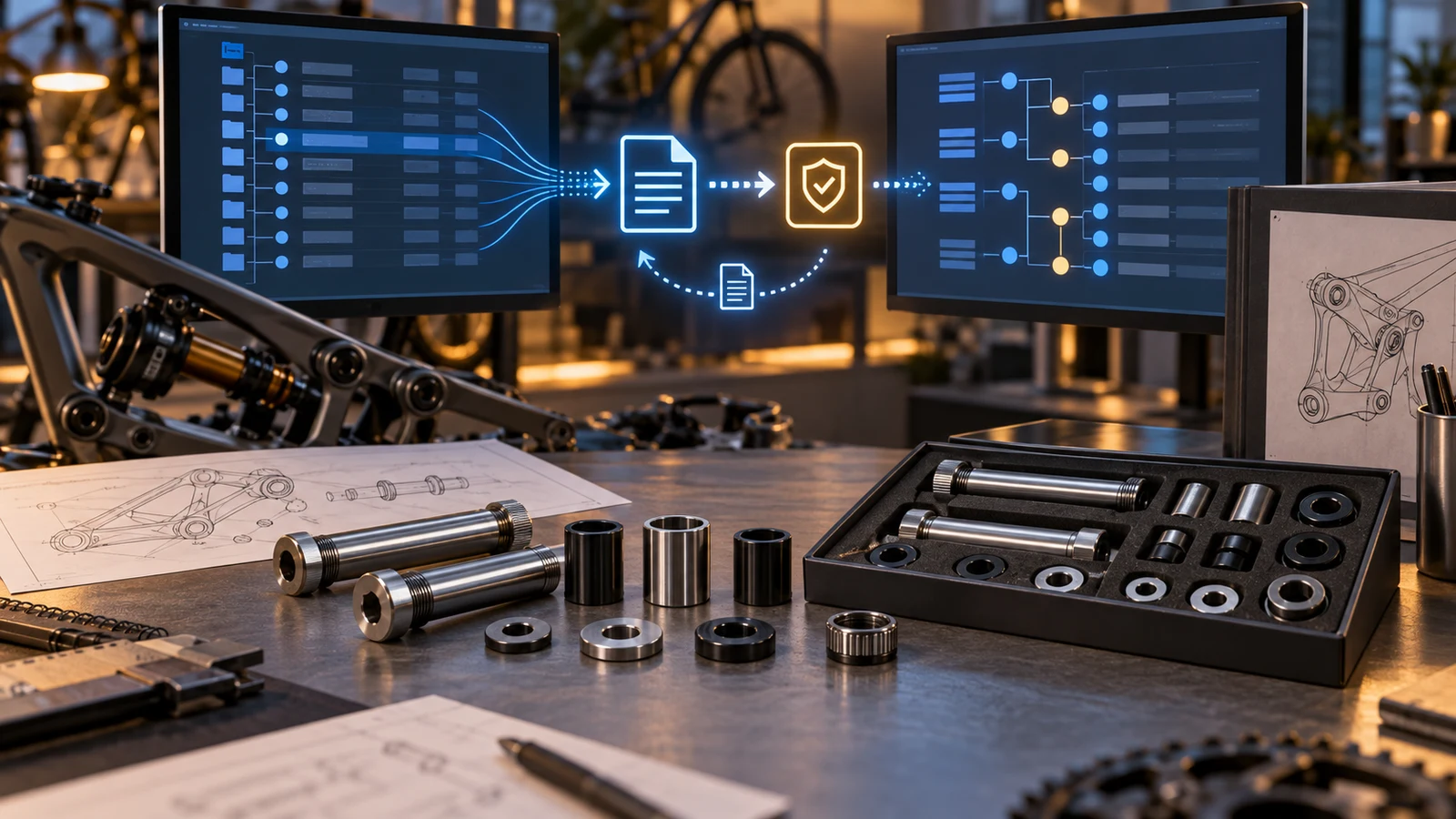 Concept pivot kit hardware beside two abstract data displays, message connections and a separate approval gate; not a deployed ERP connection, live order record or automated purchasing service.