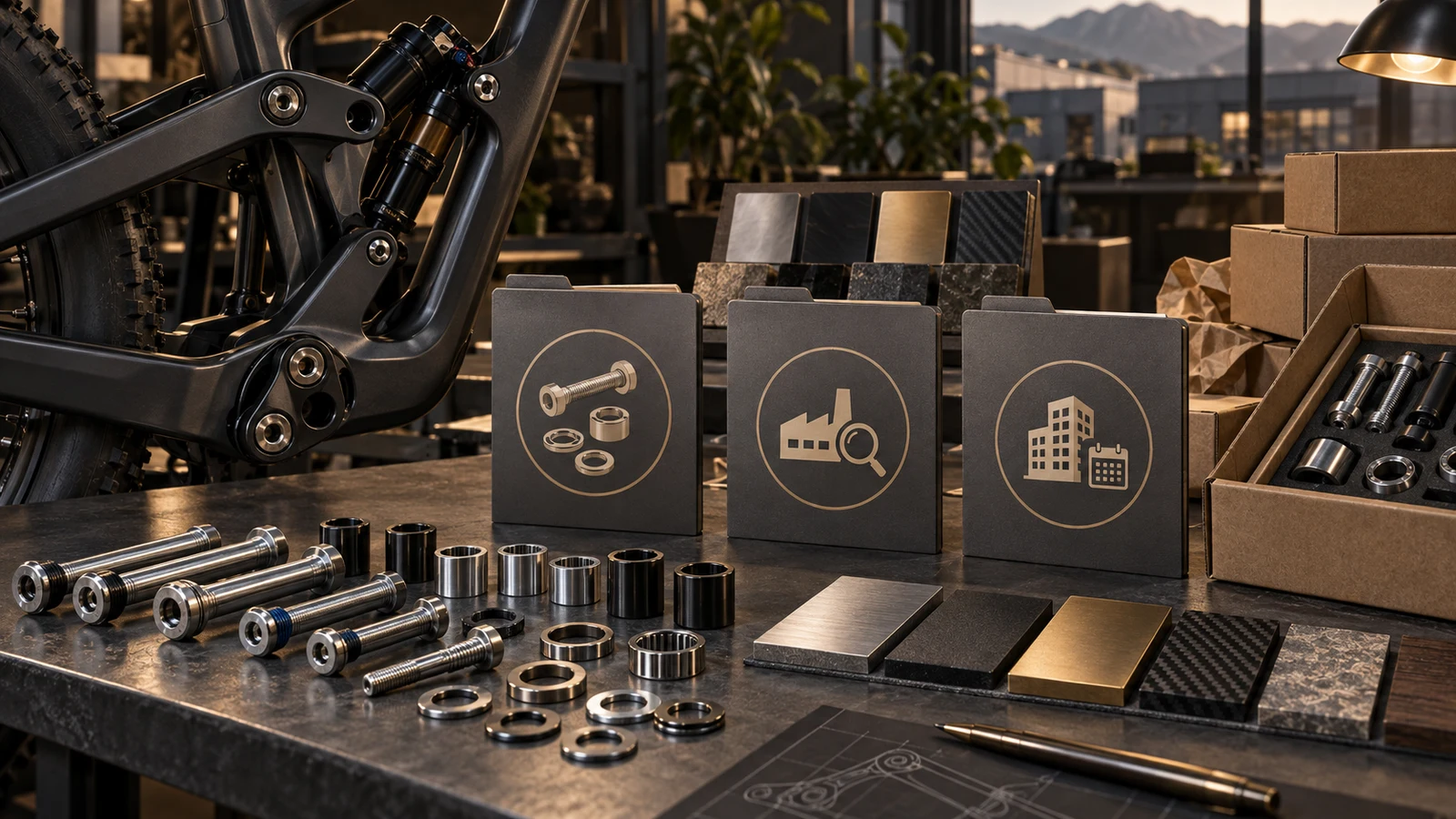Concept bicycle linkage, pivot bolts, sleeves, washers and material samples beside separate product, worksite and company document icons and example packaging; not an ESG audit, footprint result or certification.