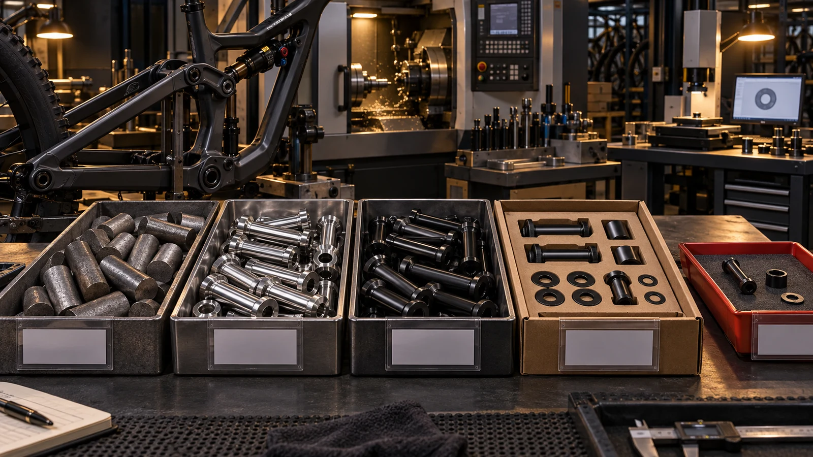 Concept bicycle linkage behind separate trays of material blanks, silver machined pivots, dark finished hardware, protective kit packing and an illustrative hold tray with blank record pockets; not a real factory audit, nonconformity or released order.
