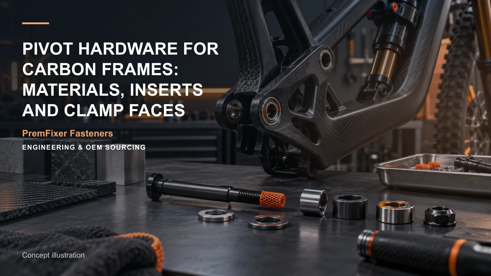Concept illustration for Pivot Hardware for Carbon Frames: Materials, Inserts and Clamp Faces.