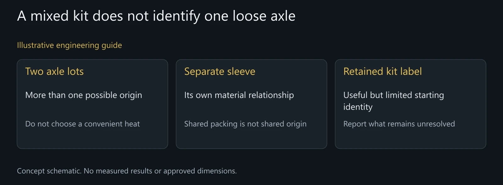 Illustrative mixed-kit identity limit. No actual stock, customer kit or successful retrieval result is represented.