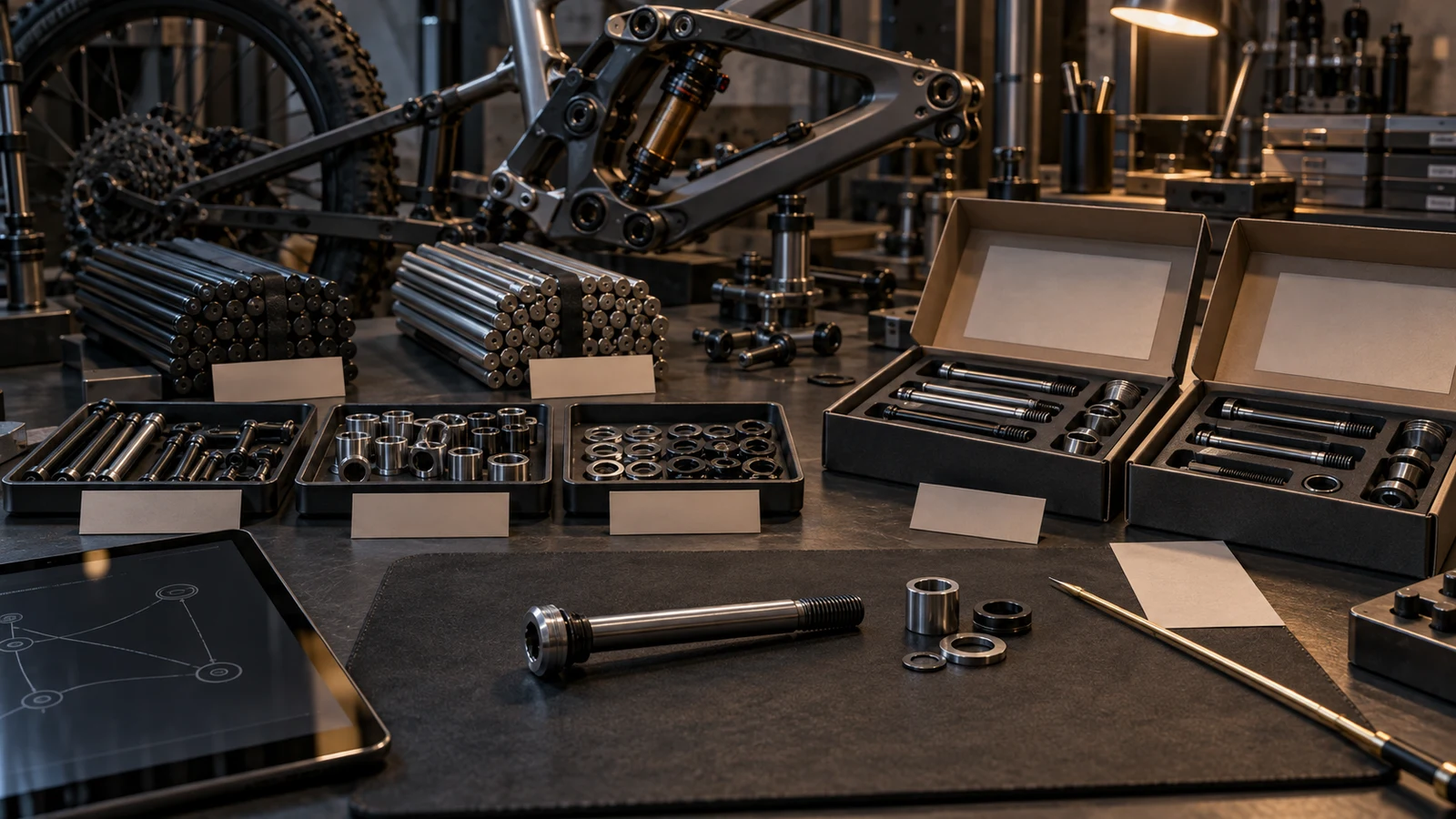 Concept engineering desk with an isolated pivot axle, separate stock and component groups and opened kit boxes, illustrating a reverse trace review rather than a real shipment or factory record.