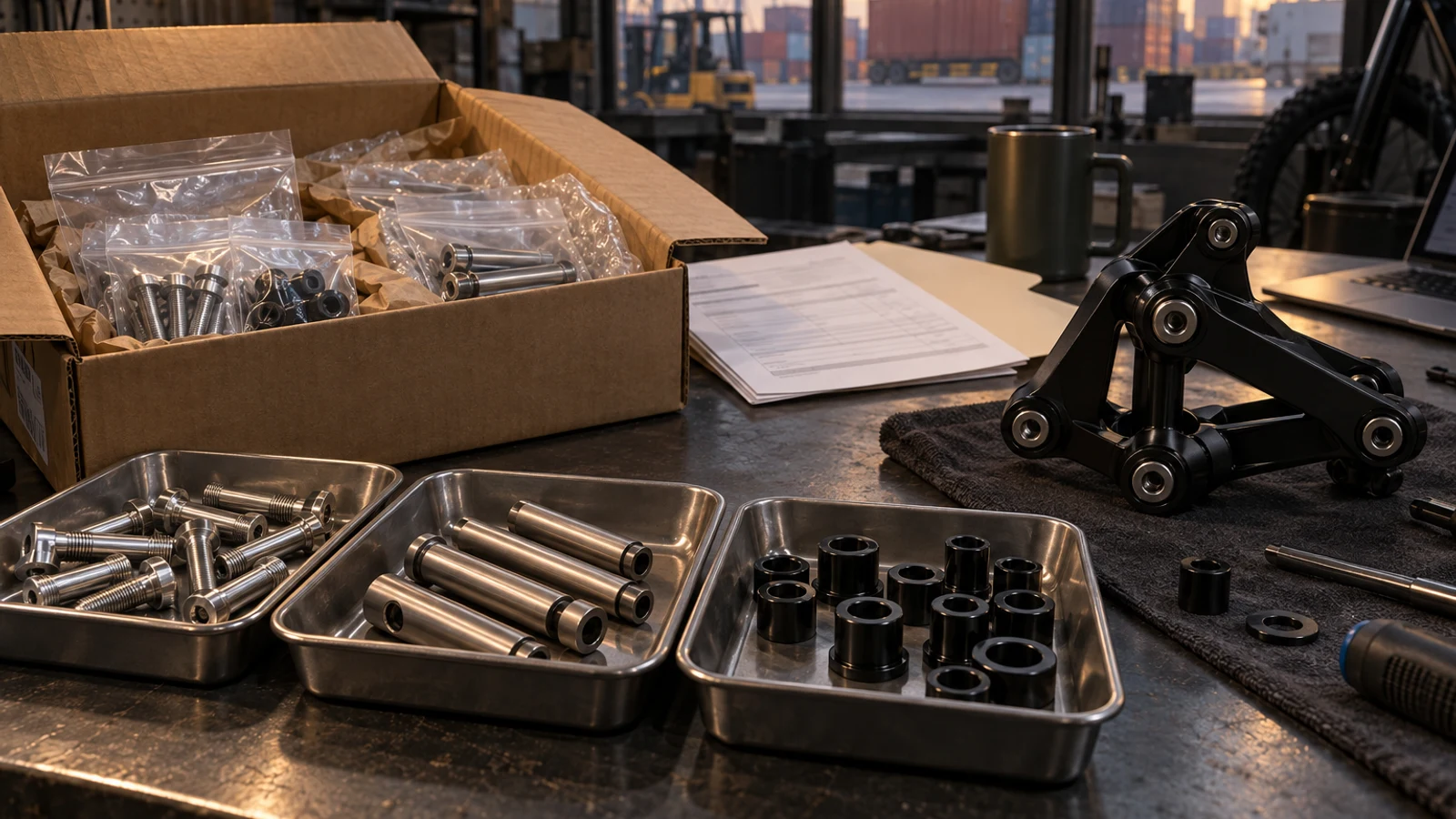 Concept trade-document review with separate pivot bolts, axles and spacers, shipping carton and blank invoice-style sheets; no actual customs classification, origin certificate or duty calculation depicted.