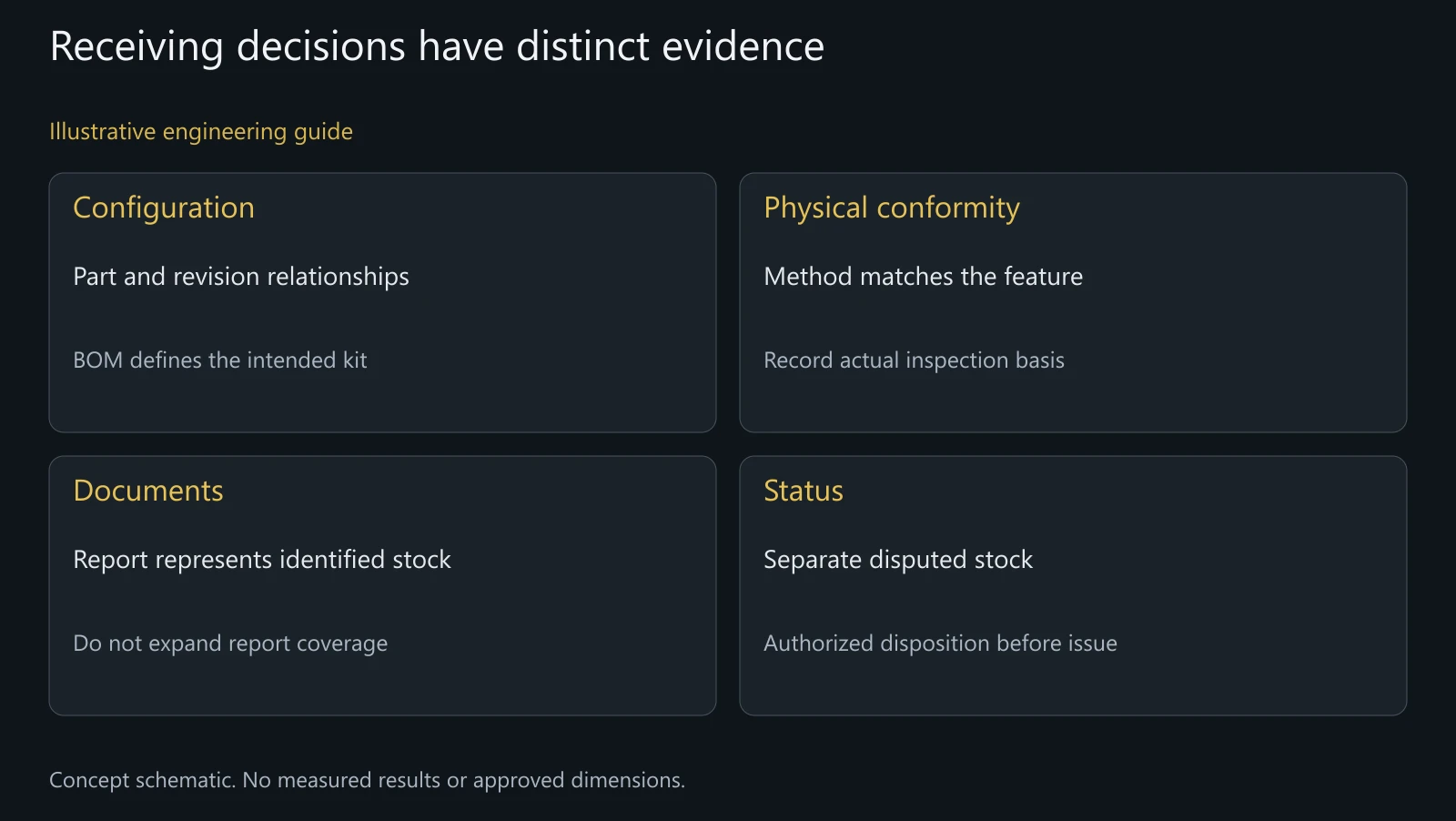 Concept receiving-review schematic; no measured results or shipment acceptance are represented.