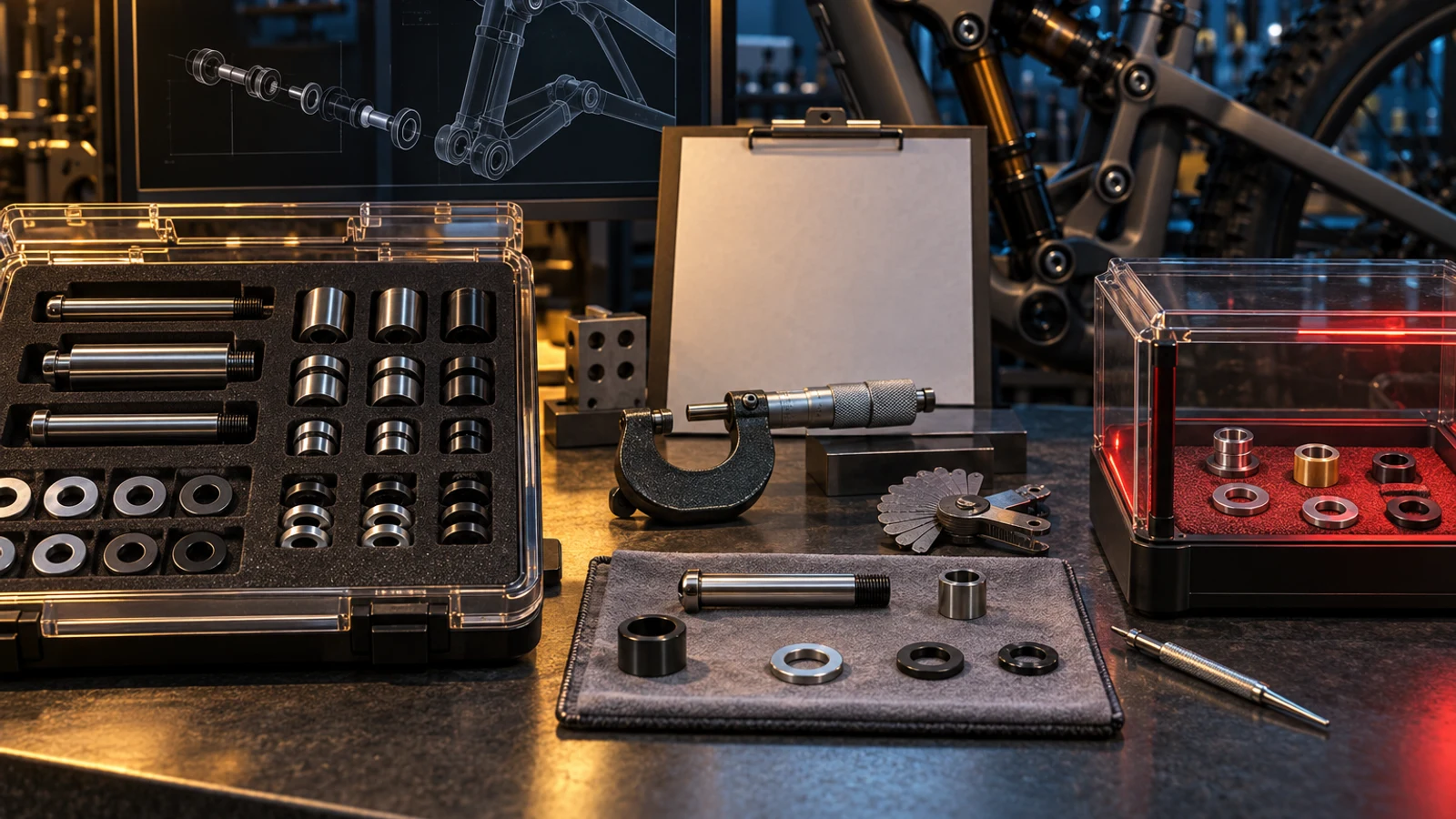 Concept receiving-inspection scene with a pivot kit, measurement tools and a separate hold tray, not a factory inspection record