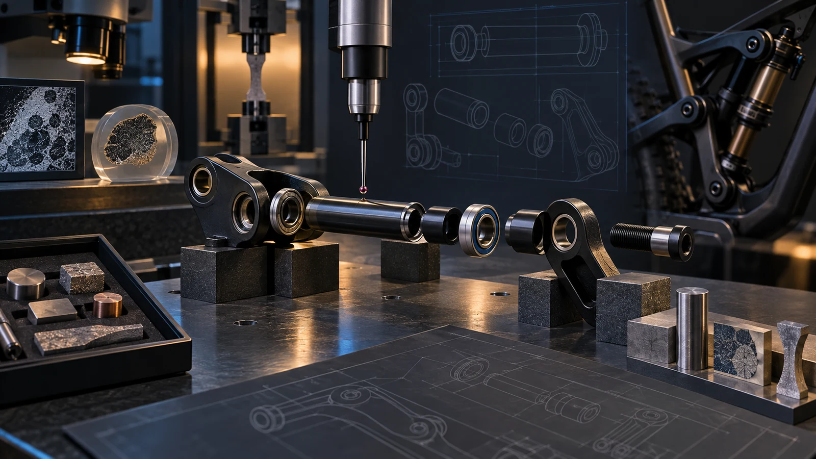 Concept inspection arrangement with pivot hardware, dimensional probe, material sample and section mount, not a photograph of PremFixer-owned equipment