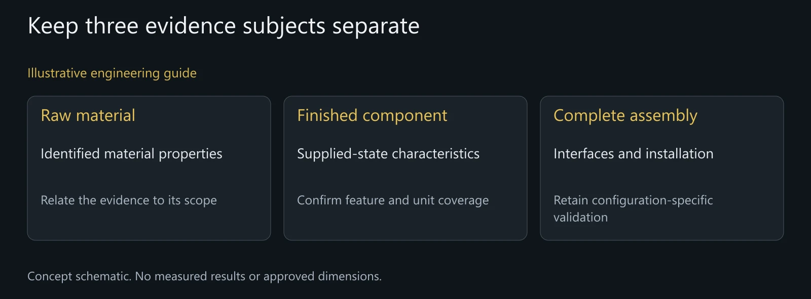 Illustrative distinction between raw-material, finished-component and assembled-pivot evidence. No actual test results or universal inspection commitments.