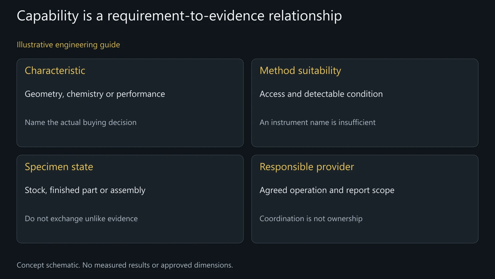 Concept capability map linking a buyer's requirement to method suitability, specimen state and provider. Not an equipment inventory or laboratory approval.