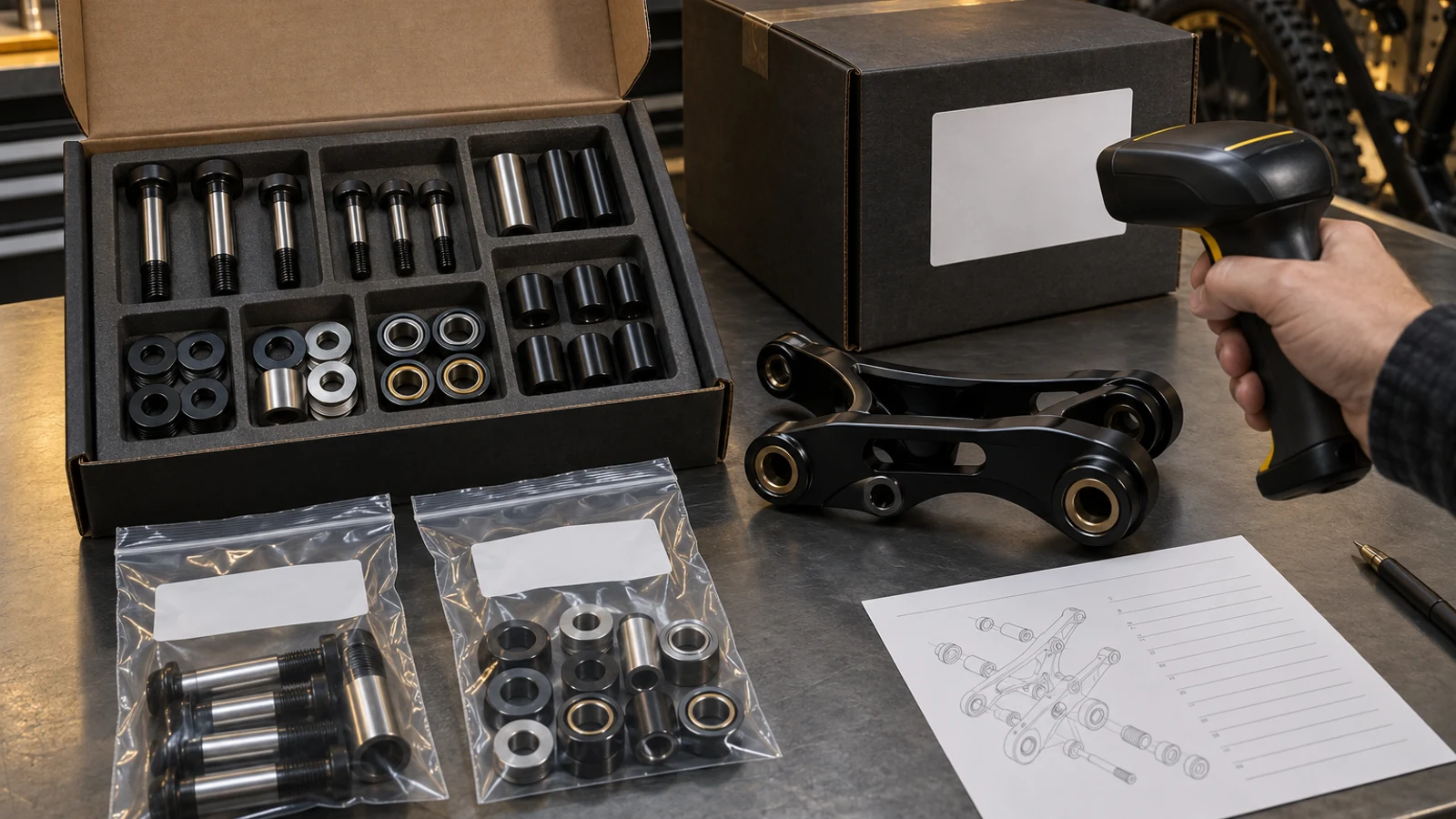 Concept receiving bench with a partitioned pivot-hardware kit, inner bags, outer carton and scanner with blank mock label areas; no actual lot identities or compliance evidence shown.
