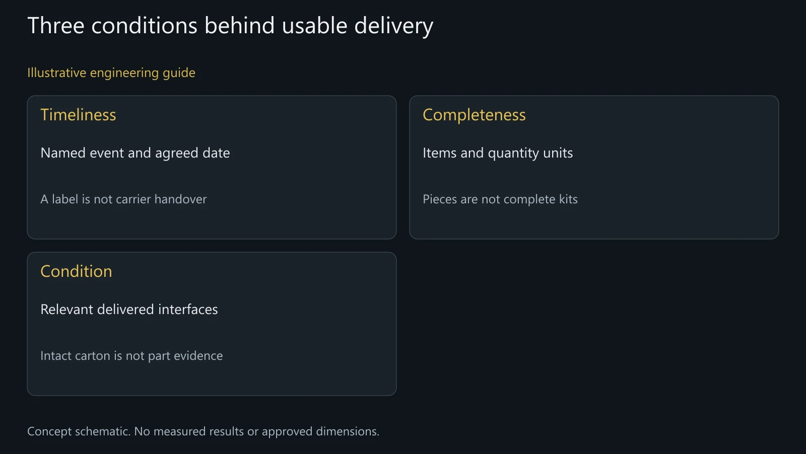 Concept delivery-review distinctions, not actual performance percentages or a shipment acceptance record.
