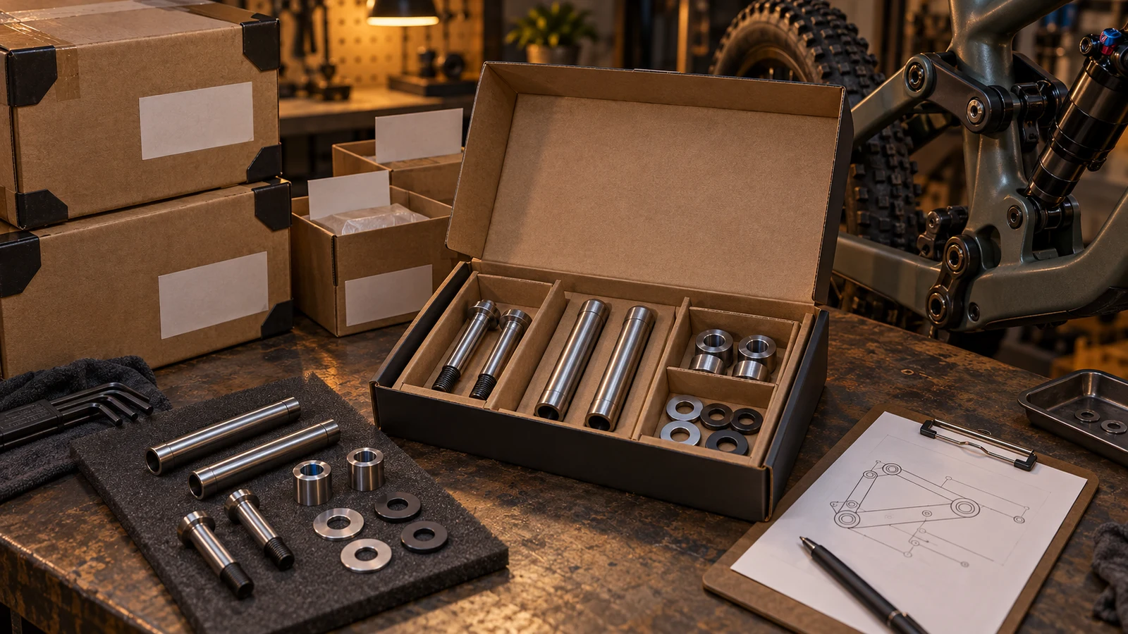Concept open compartmented carton containing pivot bolts, hollow axles, sleeves and washers beside blank-labeled cartons and a bicycle linkage; not an approved pack or shipment record.