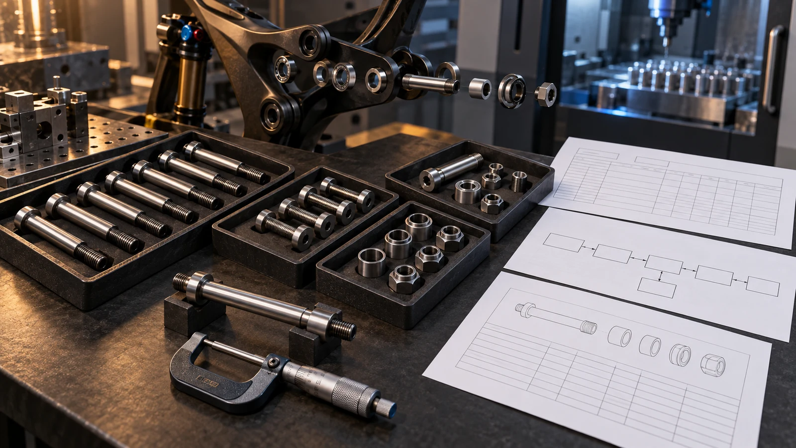 Concept production-review bench with grouped pivot axles, fastener samples and unapproved document sheets illustrating part-to-process evidence, not a factory photograph or PPAP approval.