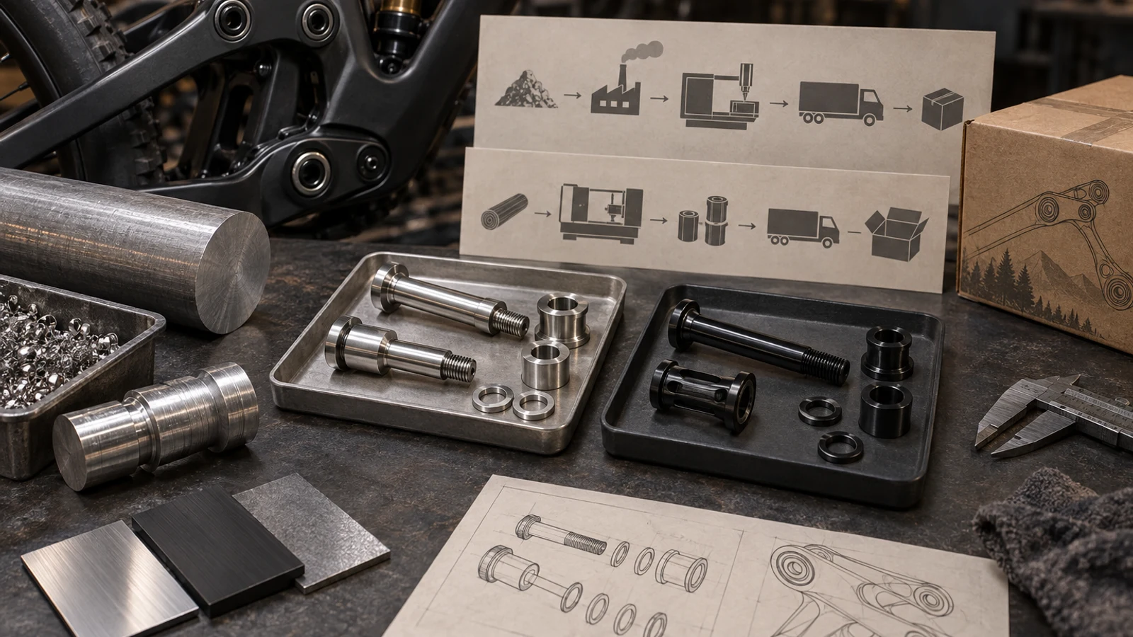 Concept comparison of pivot-hardware sets with stock, machining chips, finish props and shipping stages; no measured emissions, alloy ranking or verified environmental result shown.