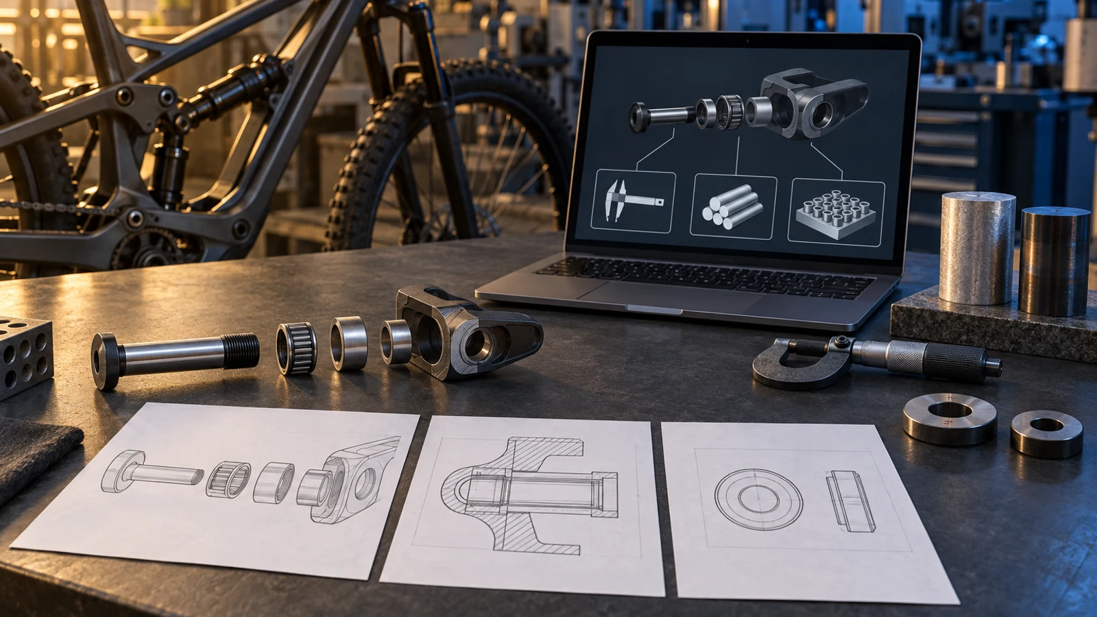 Illustrative pivot-quality review scene with components, feature drawings and separate report scopes; not actual inspection results or signed terms