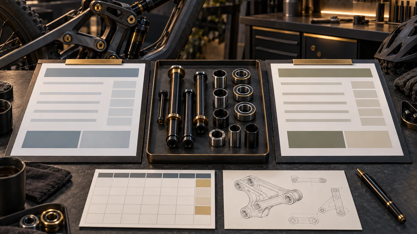 Concept pivot kit beside two blank quotation sheets and a timing card, illustrating equivalent manufacturing scope and separate commercial currency choices.