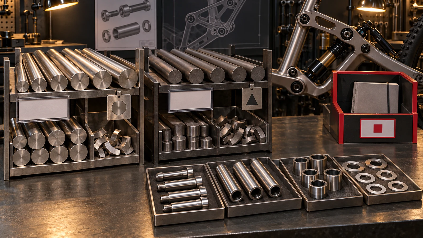Concept illustration of two separate bar and remnant racks, trays of pivot bolts, sleeves and washers, and a red hold container beside a bicycle linkage; not actual material identity or warehouse release evidence.