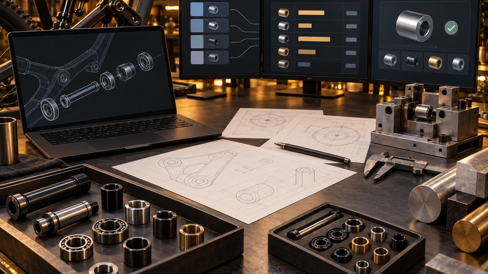 Concept illustration of pivot components, geometric drawing sheets and unlabeled digital panels for a structured RFQ discussion.