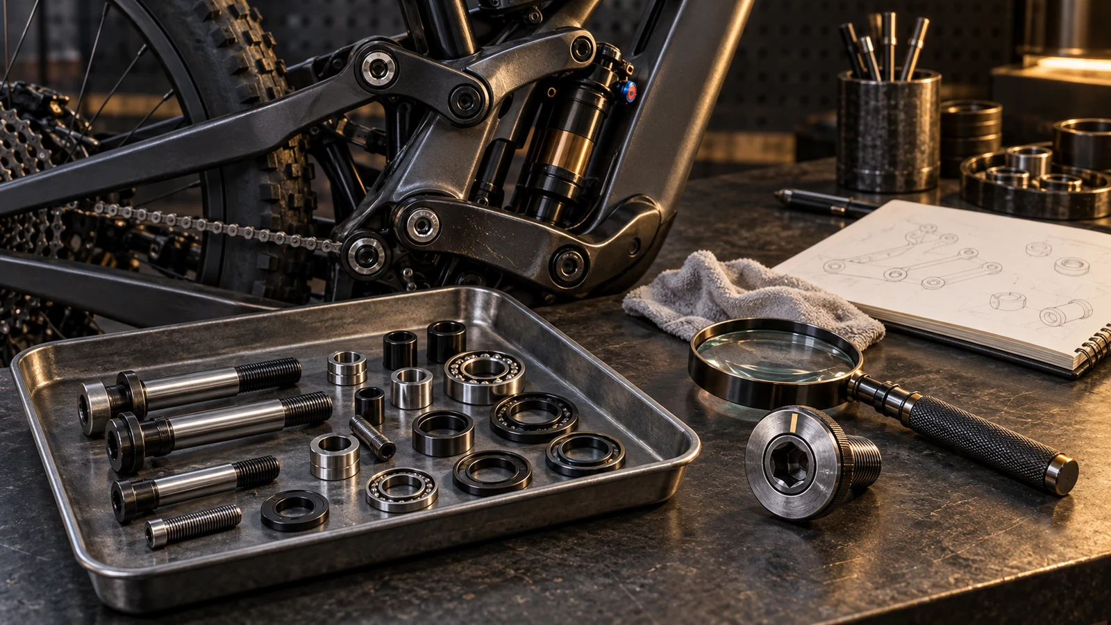 Concept suspension linkage, pivot hardware tray, inactive magnifier and witness stripe illustrating exterior observation, not an actual inspection or safety acceptance.