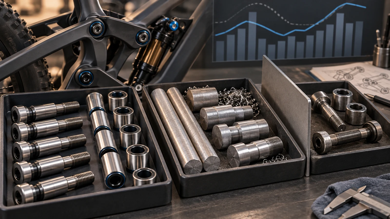 Concept finished pivot bolts and sleeves, round bars and machined forms beside separated alternate hardware and an abstract demand display; not actual inventory, a measured forecast or approved interchangeable revisions.