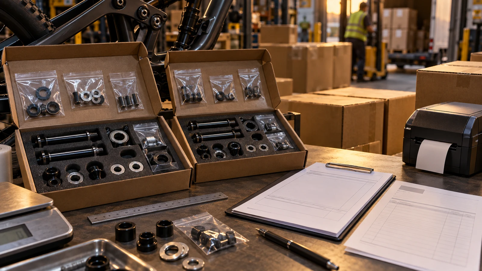 Concept pivot-kit packing desk with separated hardware, protective boxes, blank invoice and packing-list props and a label printer; not an actual customs clearance or transport record.