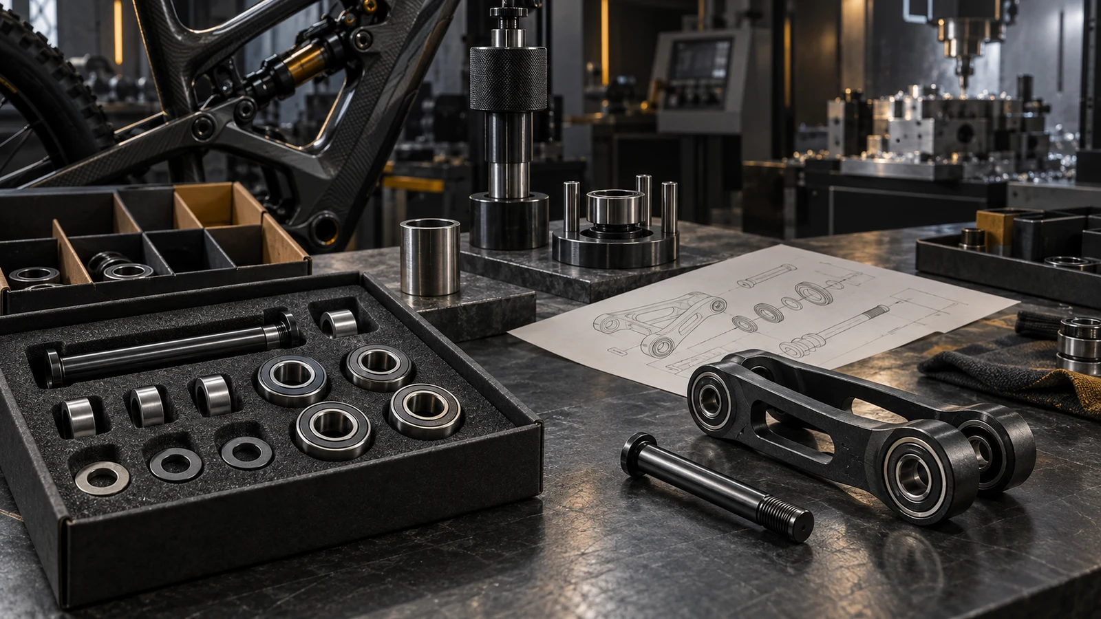 Concept comparison of loose pivot hardware and a bearing-equipped suspension link with fitting tools and packaging; not an actual PremFixer assembly line.