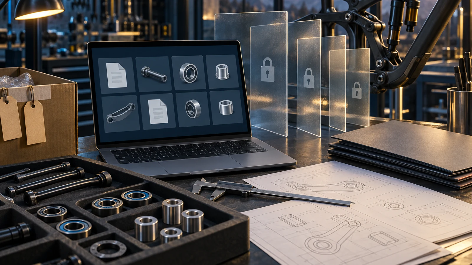 Concept illustration of pivot hardware, document folders and unlabeled access panels, not an operating supplier portal.