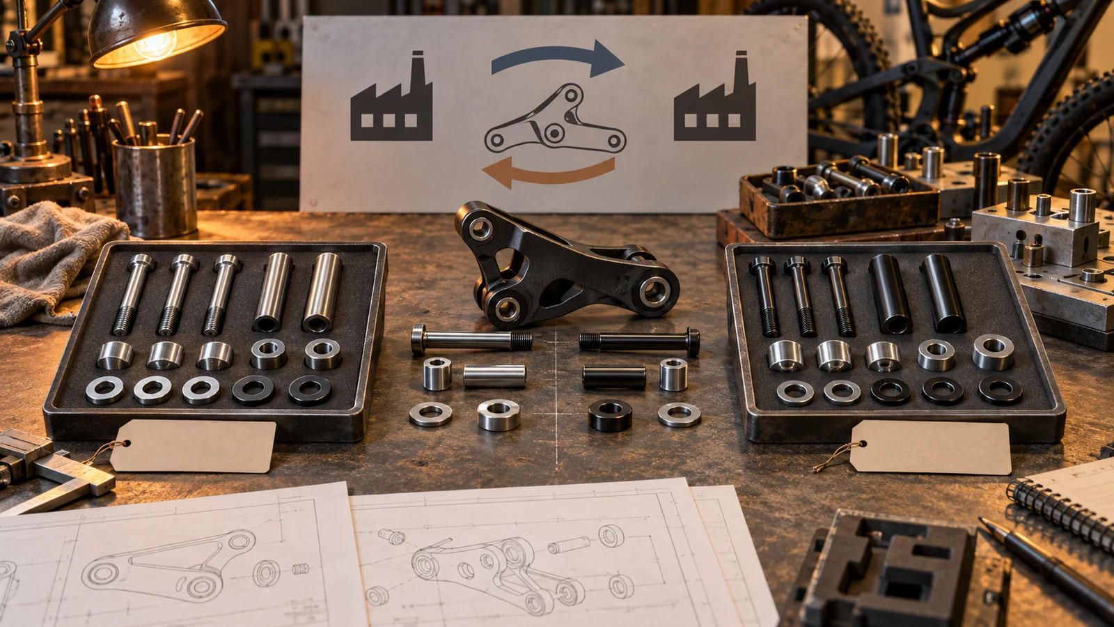 Concept two separate pivot hardware kit trays, loose interface components, linkage and neutral drawings beneath factory-transfer symbols; not approved compatibility or actual stock.