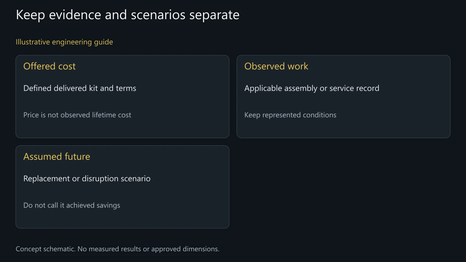 Concept ownership-cost evidence map without actual invoices, labor studies or field records.
