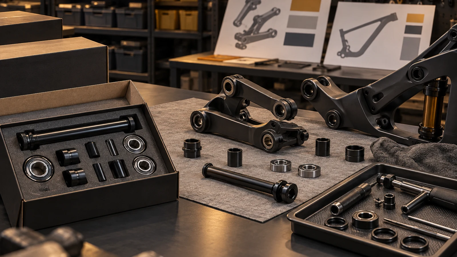 Concept pivot kit, service tools, suspension linkage and separate storage areas illustrating ownership stages without actual cost or service-life data.