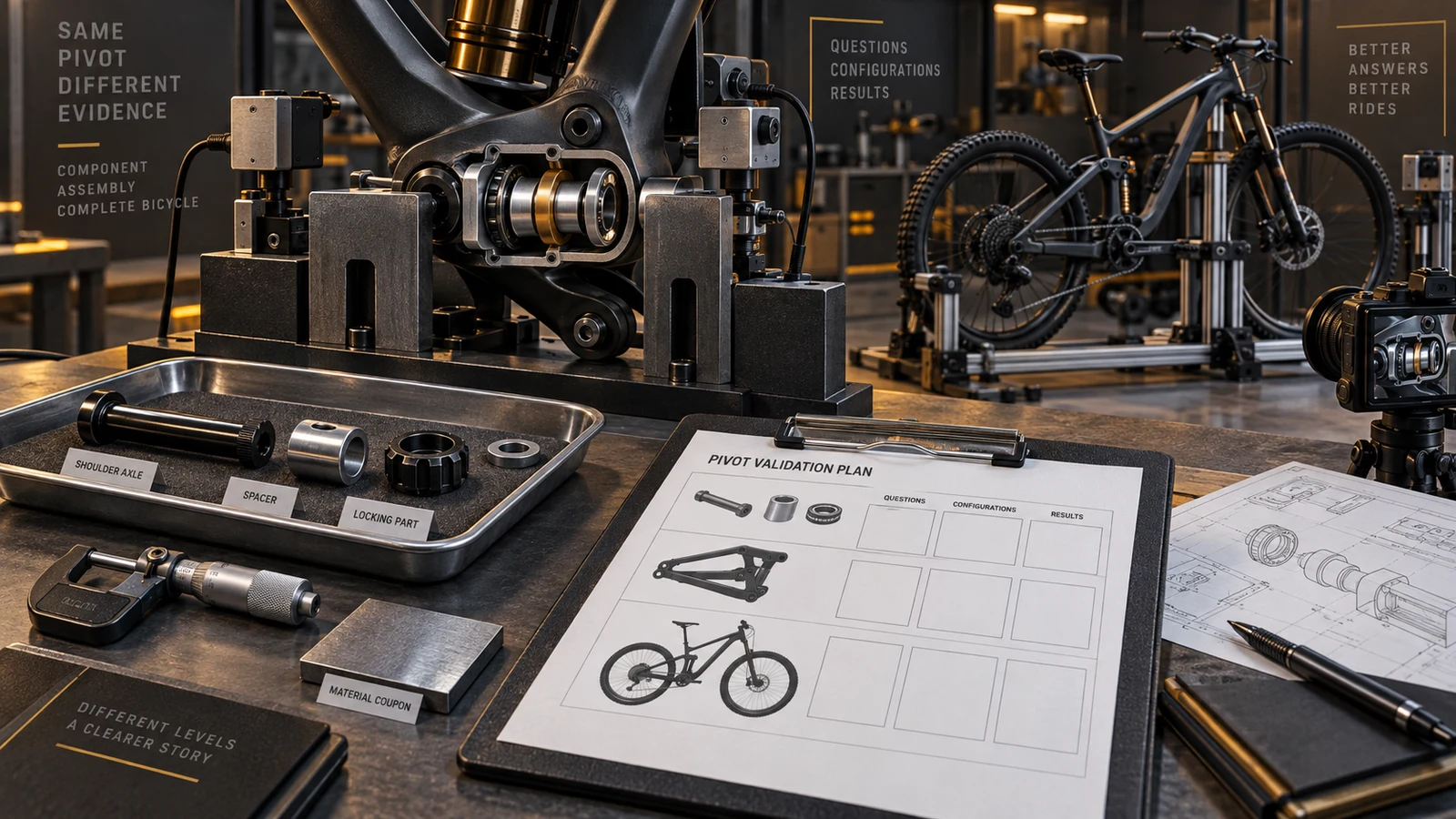 Concept loose pivot parts, cutaway fixture, supported bicycle and blank evaluation sheet; not an owned laboratory or successful validation result.