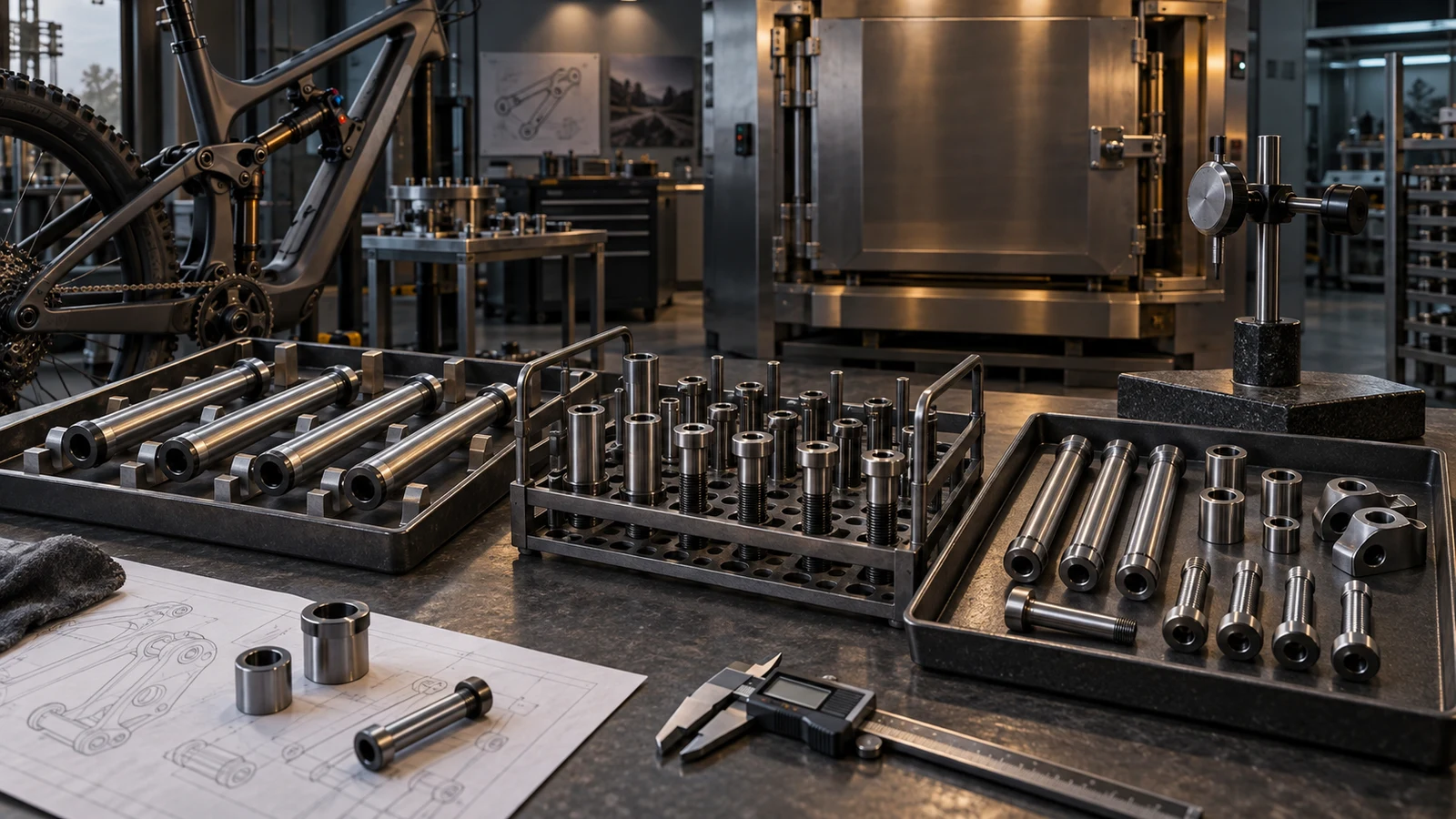 Concept illustration of pivot axles, sleeves and bolts on spaced support fixtures beside a closed thermal-processing enclosure and reference hardware; no measured distortion or production furnace is represented.