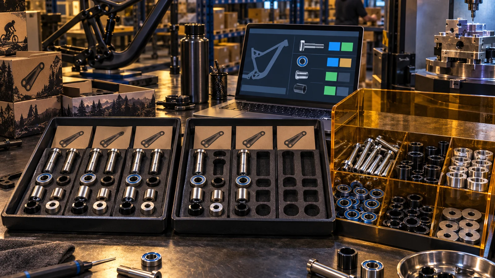 Concept illustration of complete, incomplete and segregated pivot-component trays beside unlabeled inventory-state panels.