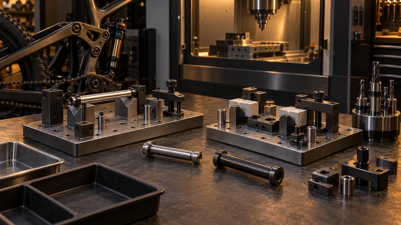 Concept fixture plates, interchangeable jaws, supports and custom pivot hardware beside an idle machining area; not a measured changeover or actual factory setup