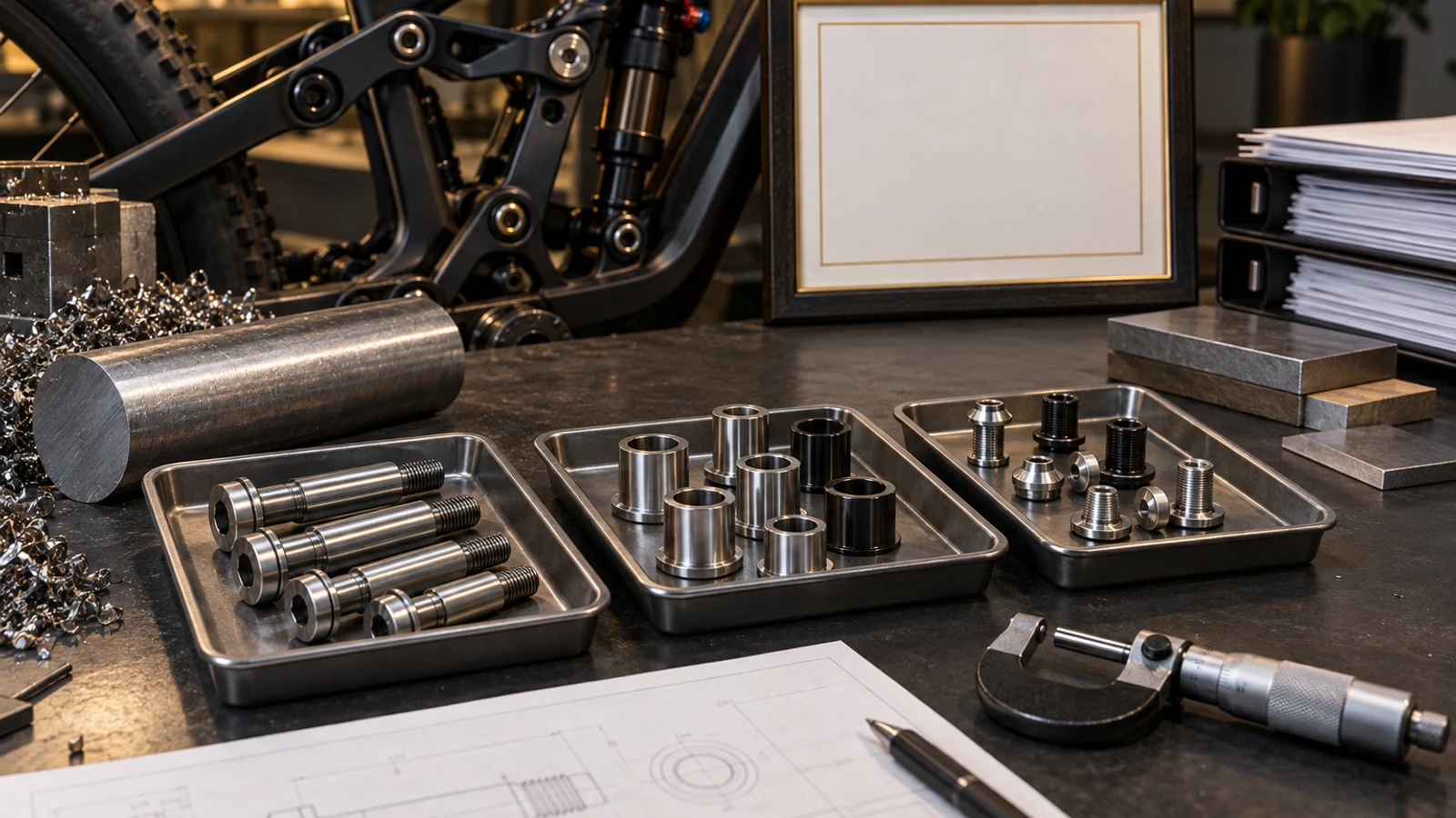 Concept supplier-evidence bench with pivot bolts, spacers, stock, a micrometer and unmarked document props; the blank frame is not an actual certificate or approval record.