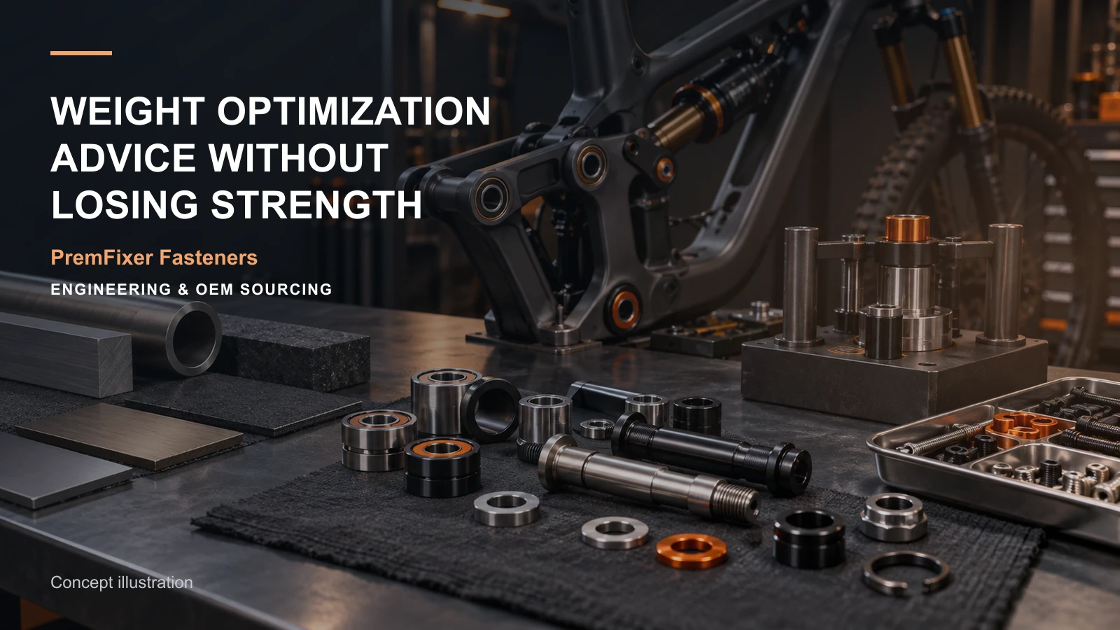 Editorial concept for pivot mass optimization with cards for lightweight design comparison, titanium option comparison, aluminum application review.